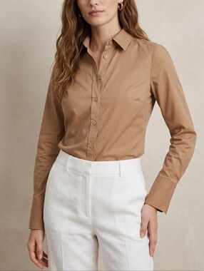 XS Club Monaco Cotton Blend Women's Tan Button-Front Long Sleeve Collared Shirt